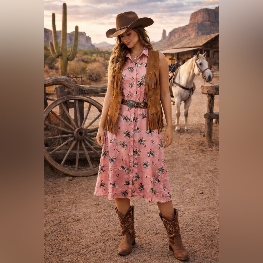 Panhandle pink sleeveless dress western horse rodeo print size medium 100% rayon